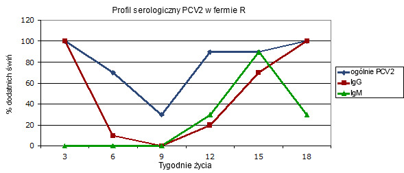Profil serologiczny w fermie gdzie występuje kliniczna postać infekcji cirkowirusowej i gdzie nie stosuje się szczepień przeciw PCV2.