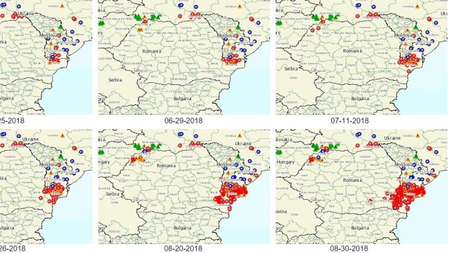 Fot 1. Rozprzestrzenianie się ASF w Rumunii. Źródło: OIE