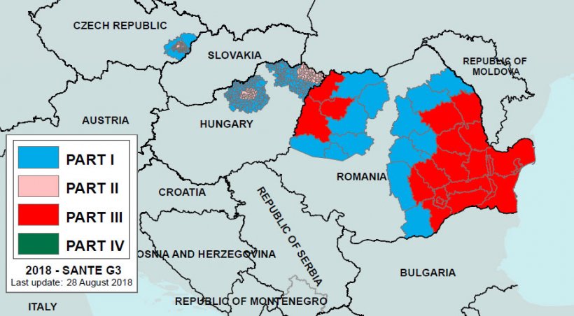Fot. 2. Regionalizacja ASF w Rumunii i krajach otaczających zadeklarowana 28 sierpnia 2018 r. Część I: obszar o podwyższonym ryzyku bez ognisk. Część III: Występowanie ASF u świń domowych i dzik&oacute;w. Źr&oacute;dło: Komisja Europejska.
