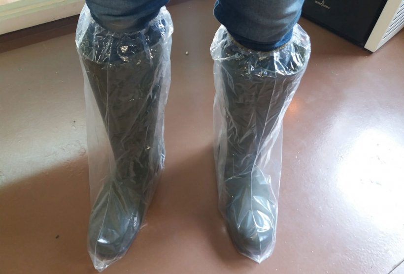 Zdjęcie 1. Plastikowe ochraniacze na buty zapobiegają kontaminacji krzyżowej przez obuwie.
