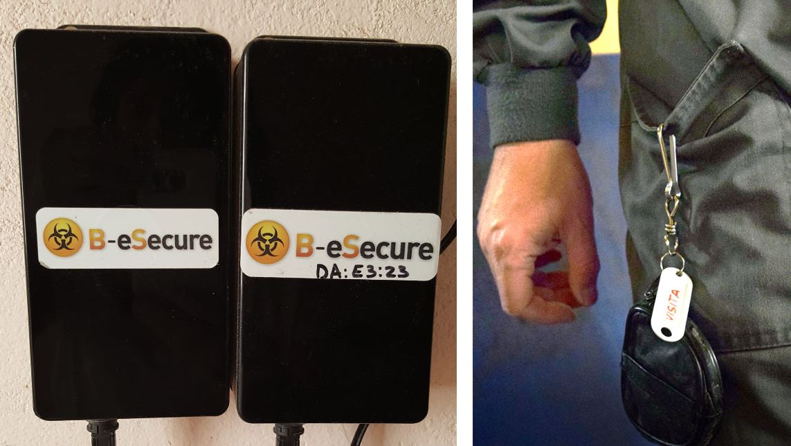 Ryc 1. Zainstalowany system. Na ścianie zainstalowano czytniki do monitorowania poszczeg&oacute;lnych pomieszczeń (po lewej), a urządzenia nawigacyjne były noszone indywidualnie przez pracownik&oacute;w gospodarstwa (po prawej).
