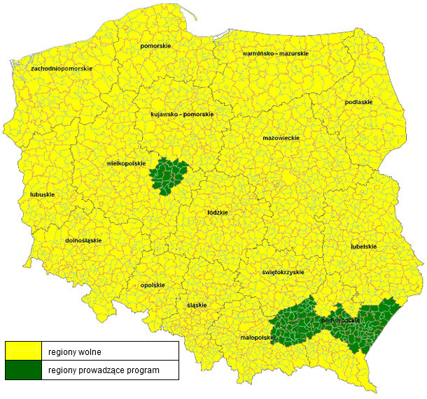 Mapa regionów uznanych za wolne od wirusa choroby Aujeszkyego u świń - stan na dzień marca 2014 r.