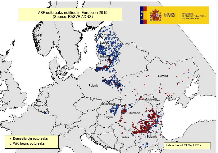 Map of the ASF outbreaks in the EU and Ukraine in 2019
