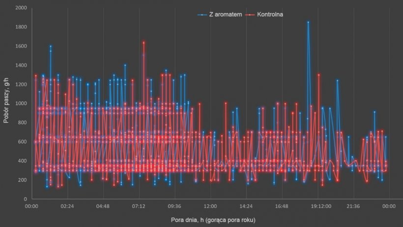 Ryc. 3. Wpływ smaku i pory dnia na dzienne spożycie paszy u loch w okresie gorącym.

