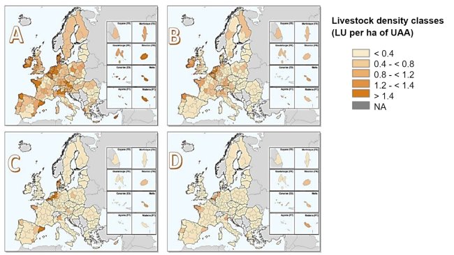 Zagęszczenie inwentarza żywego w Unii Europejskiej w 2016 r. w odniesieniu do: a) całego inwentarza żywego, b) bydła, c) świń id) drobiu. Oszacowane przez podzielenie liczby dużych jednostek przeliczeniowych inwentarza przez powierzchnię użytków rolnych (WUR) w każdym regionie NUTS 2. Źródło: Eurostat, marzec 2020; mapy: Matteo Sposato, SRUC.