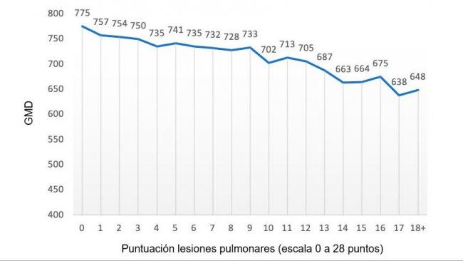 Wykres 2: Wartość ADG (gramy) w stosunku do oceny płuc (skala od 0 do 28 punkt&oacute;w). Na podstawie: Pagot et al. (2007).
