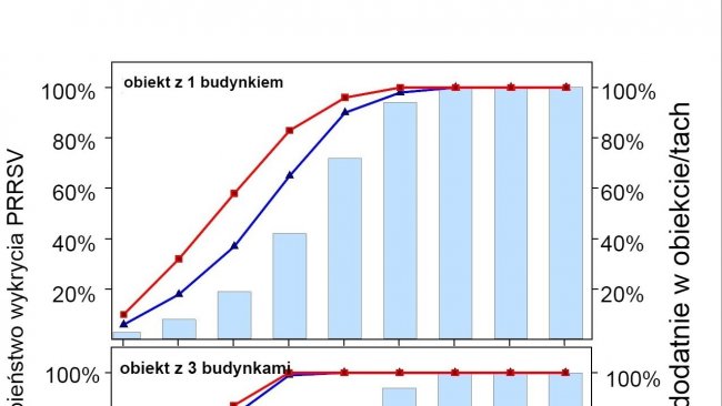 Wykres 1.  Wykrywanie PRRSV przy użyciu stałego próbobrania przestrzennego. Prawdopodobieństwo wykrycia ≥ 1 pozytywnych próbek PRRSV jako funkcja liczby badanych płynów ustnych w obiekcie (2 lub 4) i liczby budynków (1 lub 3). Należy zauważyć, że prawdopodobieństwo wykrycia wzrasta geometrycznie wraz z liczbą pobranych próbek. Dane od: Rotolo i in., (2017).