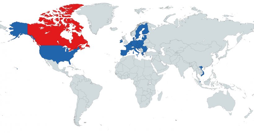 Ryc. 1. Kraje, z kt&oacute;rymi Kanada ma umowy strefowe ASF (Wietnam, Singapur, UE i Stany Zjednoczone).
