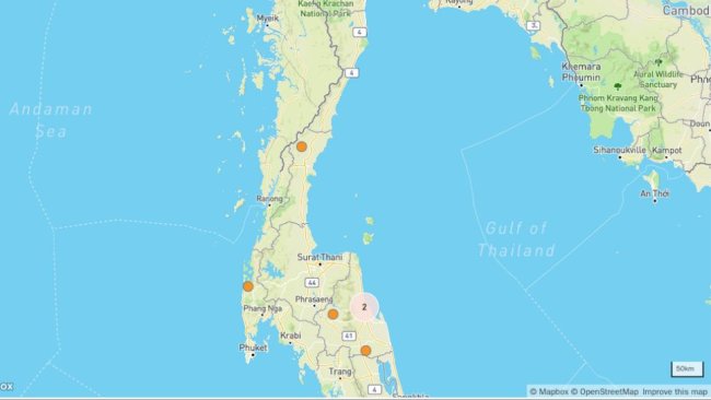 ASF outbreaks and outbreak clusters in Thailand. © OpenStreetMap contributors. https://www.openstreetmap.org/copyright