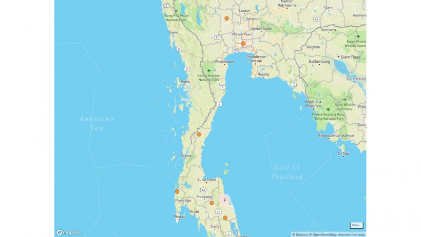 ASF outbreaks and outbreak clusters in Thailand. &copy; OpenStreetMap contributors.&nbsp;https://www.openstreetmap.org/copyright
