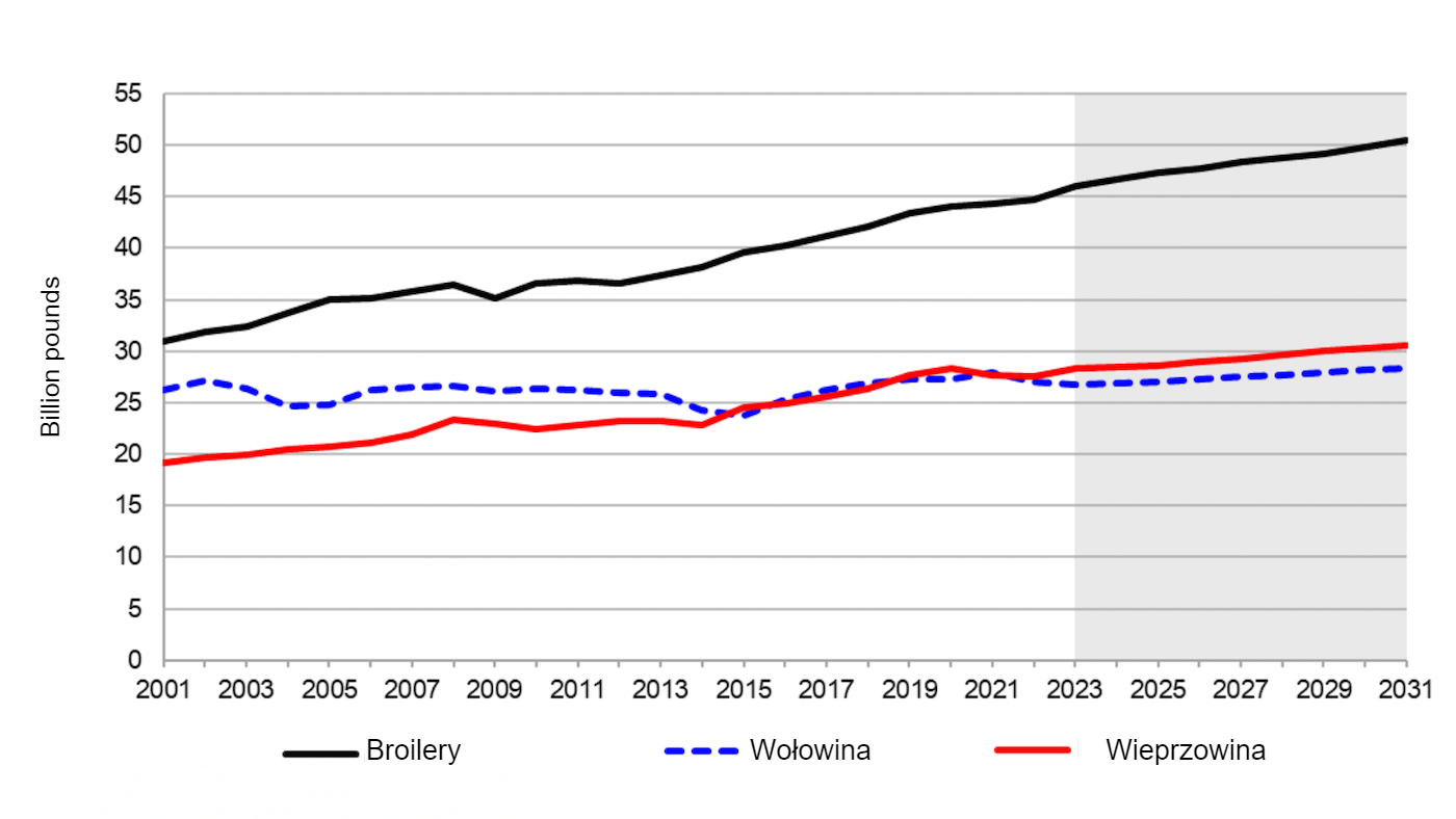 Produkcja produkt&oacute;w zwierzęcych w Stanach Zjednoczonych, 2001-2031. Uwaga: Zacieniowany region oznacza okres objęty prognozą. Źr&oacute;dło: USDA, Interagency Agricultural Projections Committee, stan na 5 listopada 2021 r.
