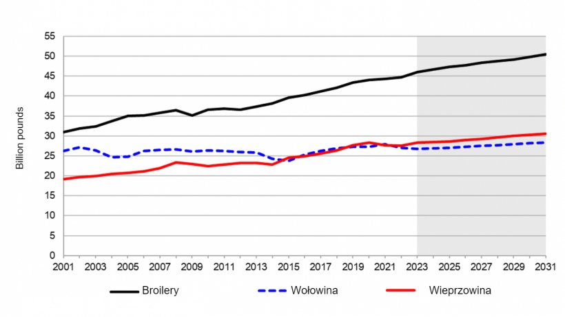 Produkcja produkt&oacute;w zwierzęcych w Stanach Zjednoczonych, 2001-2031. Uwaga: Zacieniowany region oznacza okres objęty prognozą. Źr&oacute;dło: USDA, Interagency Agricultural Projections Committee, stan na 5 listopada 2021 r.
