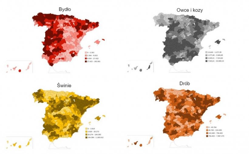 Geograficzne rozmieszczenie typ&oacute;w zwierząt gospodarskich w Hiszpanii, według gatunk&oacute;w. Żr&oacute;dło: INE.
