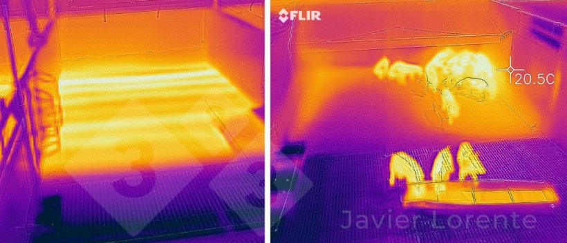 Fot. 2. Po lewej: obraz termograficzny prawidłowo działającej podłogi ogrzewanej. Po prawej: obraz termograficzny nieprawidłowo działającej podłogi ogrzewanej, z praktycznie nieaktywną strefą .
