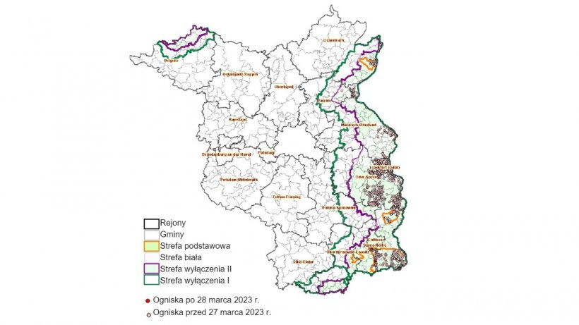 Og&oacute;lna sytuacja w zakresie ASF w kraju związkowym Brandenburgia (stan na 5 kwietnia 2023 r.)
