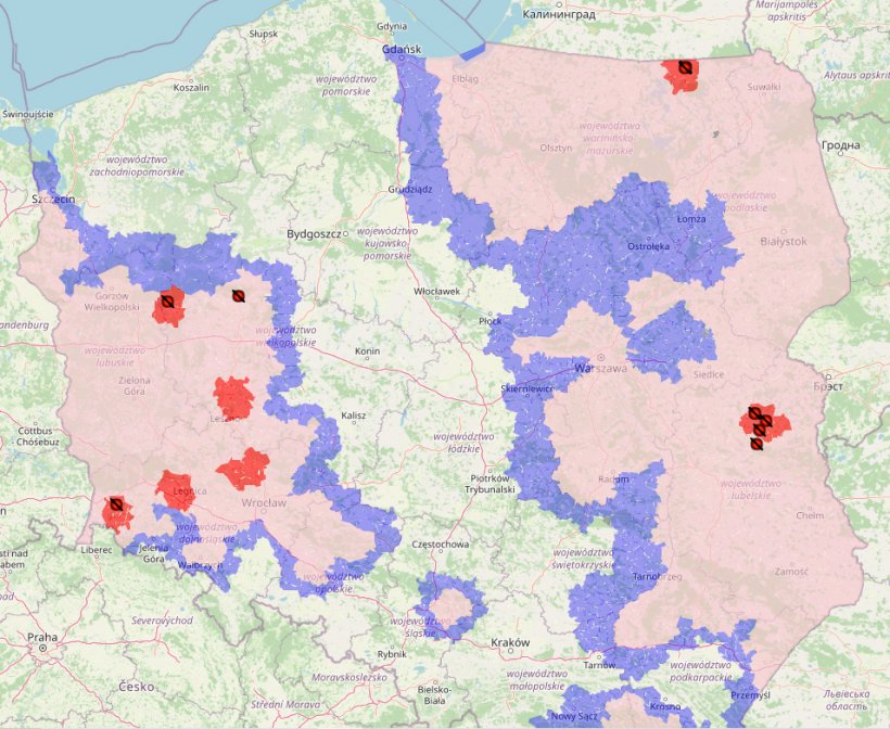 Mapa ognisk ASF i aktualna rejonizacja