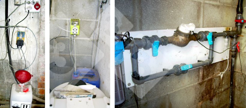 Ryc. 7. System oczyszczania. Po lewej: Pompa dozująca chlor, Środek: Pompa dozująca nadtlenek wodoru, po prawej: Filtr, miernik natężenia przepływu i &quot;by pass&quot;.
