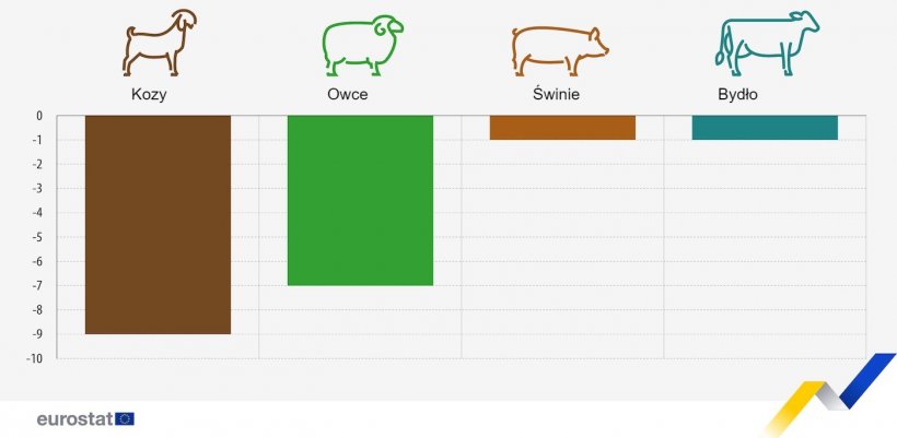 Wykres 1. Prognozowana zmiana w produkcji zwierząt w UE, wybrane okresy 2024 r. w por&oacute;wnaniu z 2023 r. Kozy, owce i bydło, drugie p&oacute;łrocze 2024 r. w por&oacute;wnaniu z drugim p&oacute;łroczem 2023 r. Trzoda chlewna, czwarty kwartał 2024 r. w por&oacute;wnaniu z czwartym kwartałem 2023 r. Źr&oacute;dło: Komisja Europejska.
