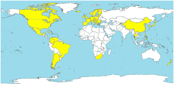 Kraje, w których rozpoznano PCV2-SD (zabarwione na żółto).