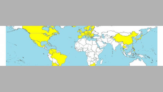 Kraje, w których rozpoznano PCV2-SD (zabarwione na żółto).