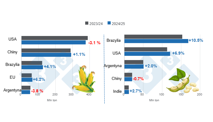 Crop projection for the main world corn and soybean producers - 2024/25 season versus 2023/24 season. Prepared by 333 Latin America with data from FAS - USDA.