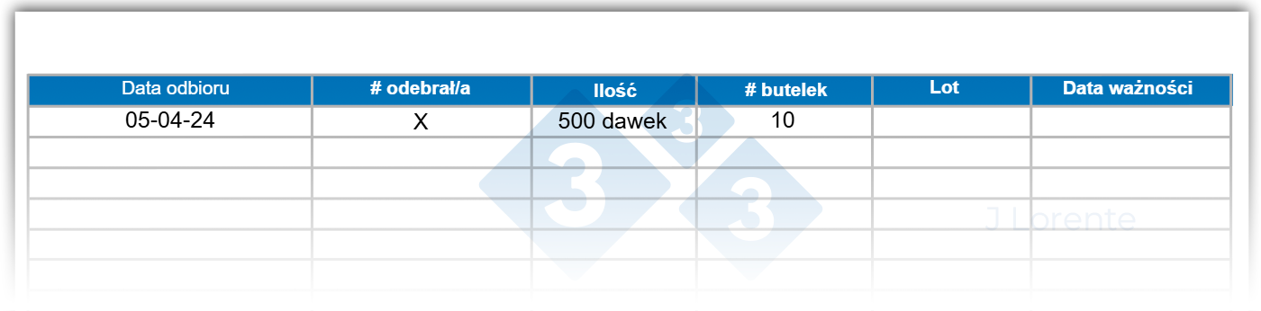Przykład arkusza kontroli identyfikowalności szczepionki.