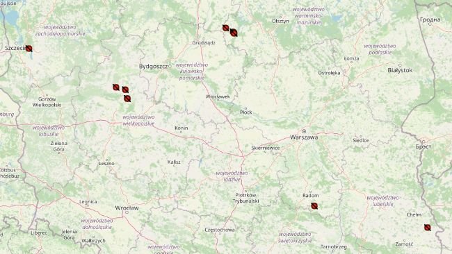 Rozmieszczenie ognisk ASF w Polsce w 2024r. Źródło: Główny Inspektorat Weterynarii