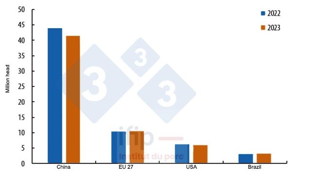 Zmiany w pogłowiu loch hodowlanych u gł&oacute;wnych światowych producent&oacute;w na koniec 2023/2022 r. Źr&oacute;dło: IFIP według Eurostatu, MoA i USDA.
