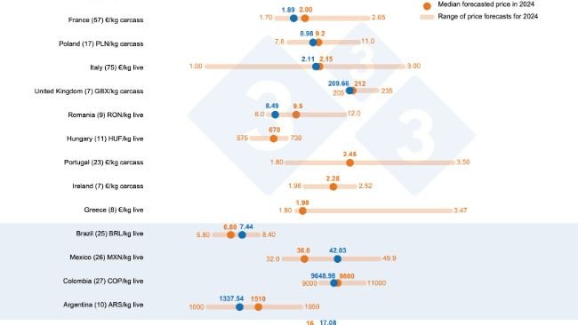 Wykres 1. Ankieta 333 dotycząca ceny świń w 2024 r.: porównanie przewidywań użytkowników 333 (od 22 stycznia 2024 r. do 12 lutego 2024 r.) z rzeczywistą ceną odnotowaną w całym roku podatkowym 2024. W nawiasach podano liczbę analizowanych danych.
