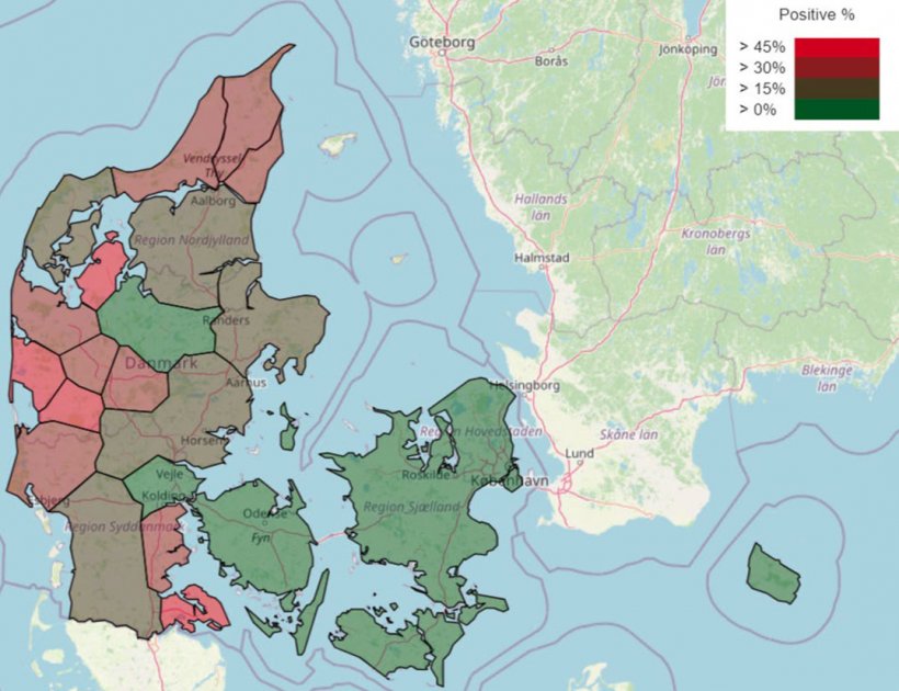 Rysunek 1: Częstość występowania (%) duńskich stad świń ze statusem PRRS dodatnim według region&oacute;w &ndash; styczeń 2025
