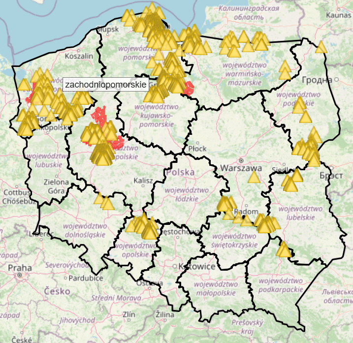 Przypadki ASF u dzików od stycznia do końca kwietnia 2025r.