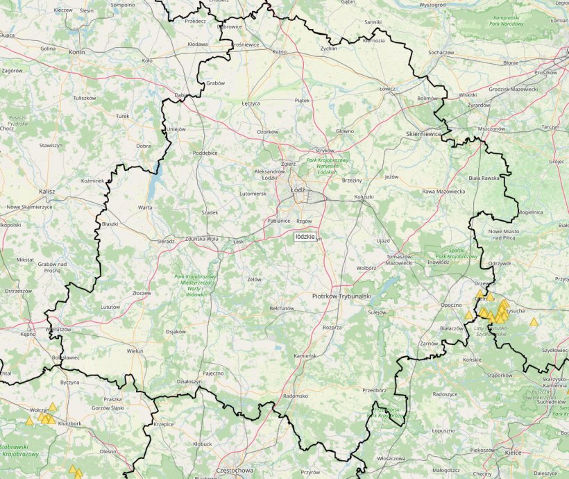 Pierwszy przypadek przypadku ASF u dzika w woj. ł&oacute;dzkim. Mapa: Gł&oacute;wny Inspektorat&nbsp;Weterynarii
