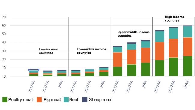 Spożycie mięsa na osobę według grup dochodowych i rodzaju mięsa. Kilogramy/osobę/rok (ekwiwalent wagi detalicznej). Źródło: OECD/FAO (2025), "OECD-FAO Agricultural Outlook", OECD Agriculture statistics (database), http://data-explorer/oecd.org/s/1hc.