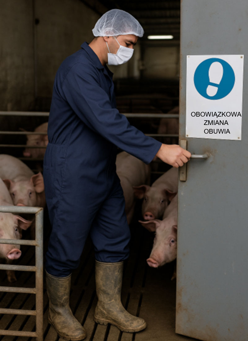 <p>Zdjęcie 1. Pracownik fermy świń przechodzi przez r&oacute;żne obszary bez zmiany obuwia, ignorując wskazane protokoły bezpieczeństwa biologicznego. Obraz wygenerowany przez sztuczną inteligencję w celach ilustracyjnych (OpenAI, 2025).</p>

