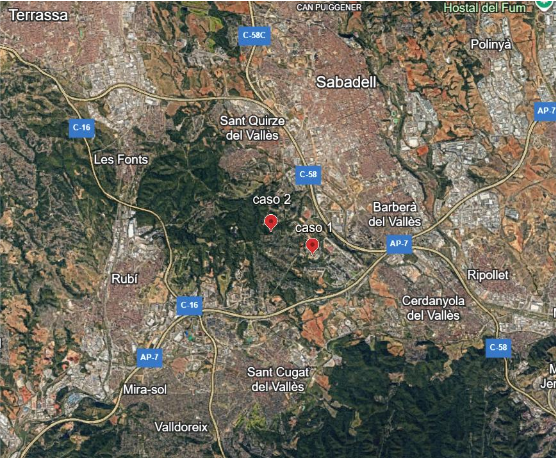 <p>Mapa satelitarna pokazująca lokalizację 2 ognisk ASF u dzików wykrytych w Katalonii (Źródło: MAPA).</p>