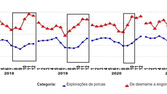 Gráfico 1. Percentagem de amostras PCR positivas para as categorias de reprodutores e porcos de desmame. Os rectângulos negros mostram os picos mais acentuados e/ou mais precoces nos dados de desmame em comparação com os das explorações de reprodutores/porcas. Fonte: ISU-VDL: Iowa State University Veterinary and Diagnostic Laboratory; UMN-VDL: University of Minnesota Veterinary and Diagnostic Laboratory; SDSU-ADRDL; South Dakota State University Animal Disease Research and Diagnostic Laboratory; KSU-VDL: Kansas State University Veterinary and Diagnostic Laboratory; OH-ADDL: Ohio Animal Disease and Diagnostic Laboratory.